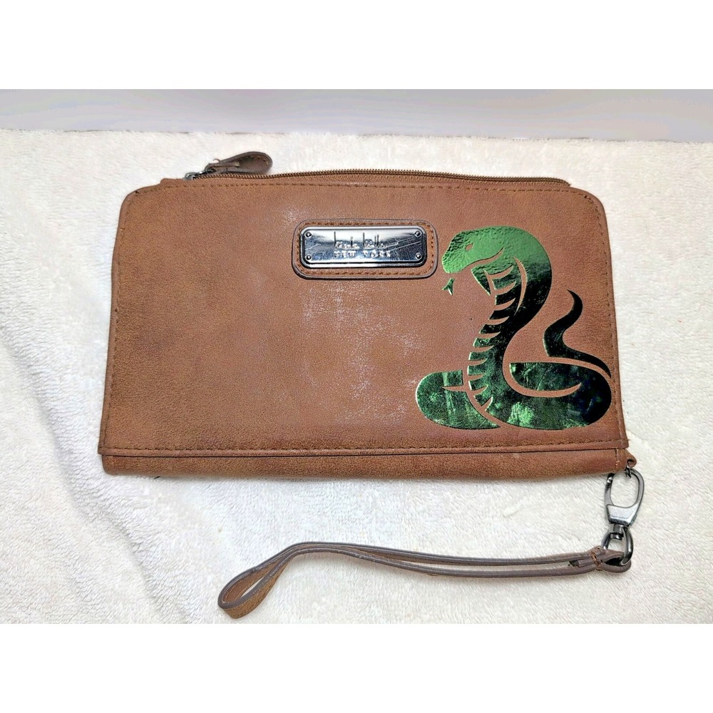 Nicole Miller Wristlet Brown New Upcycled Wallet Purse Snake Cobra design